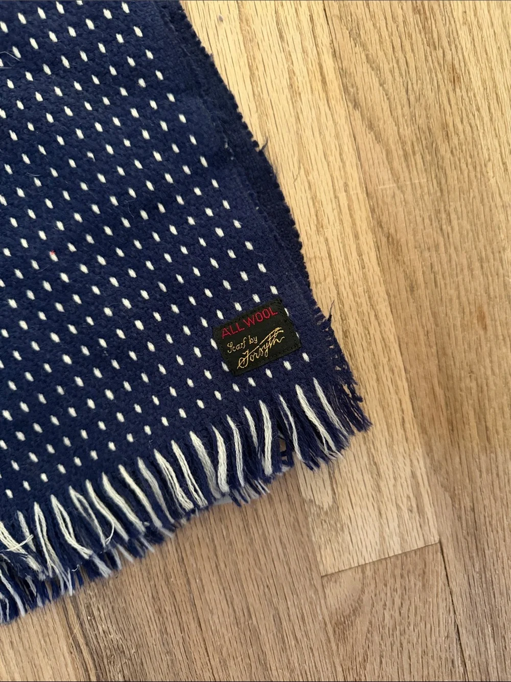 Men's Navy Wool Woven Fringe Scarf Classic Pattern